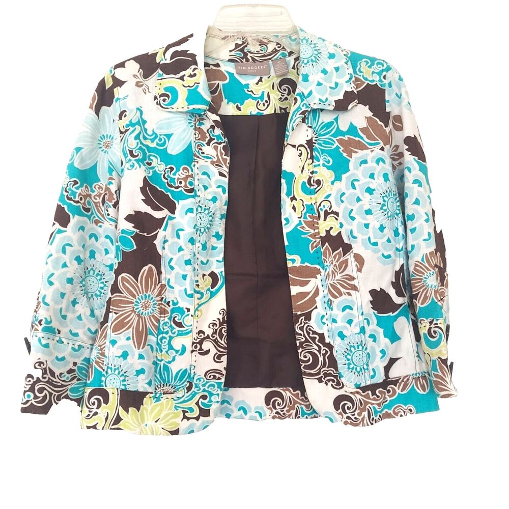 Kim Rogers Linen Coat Jacket 6P Floral Teal Blue Open Front Blazer